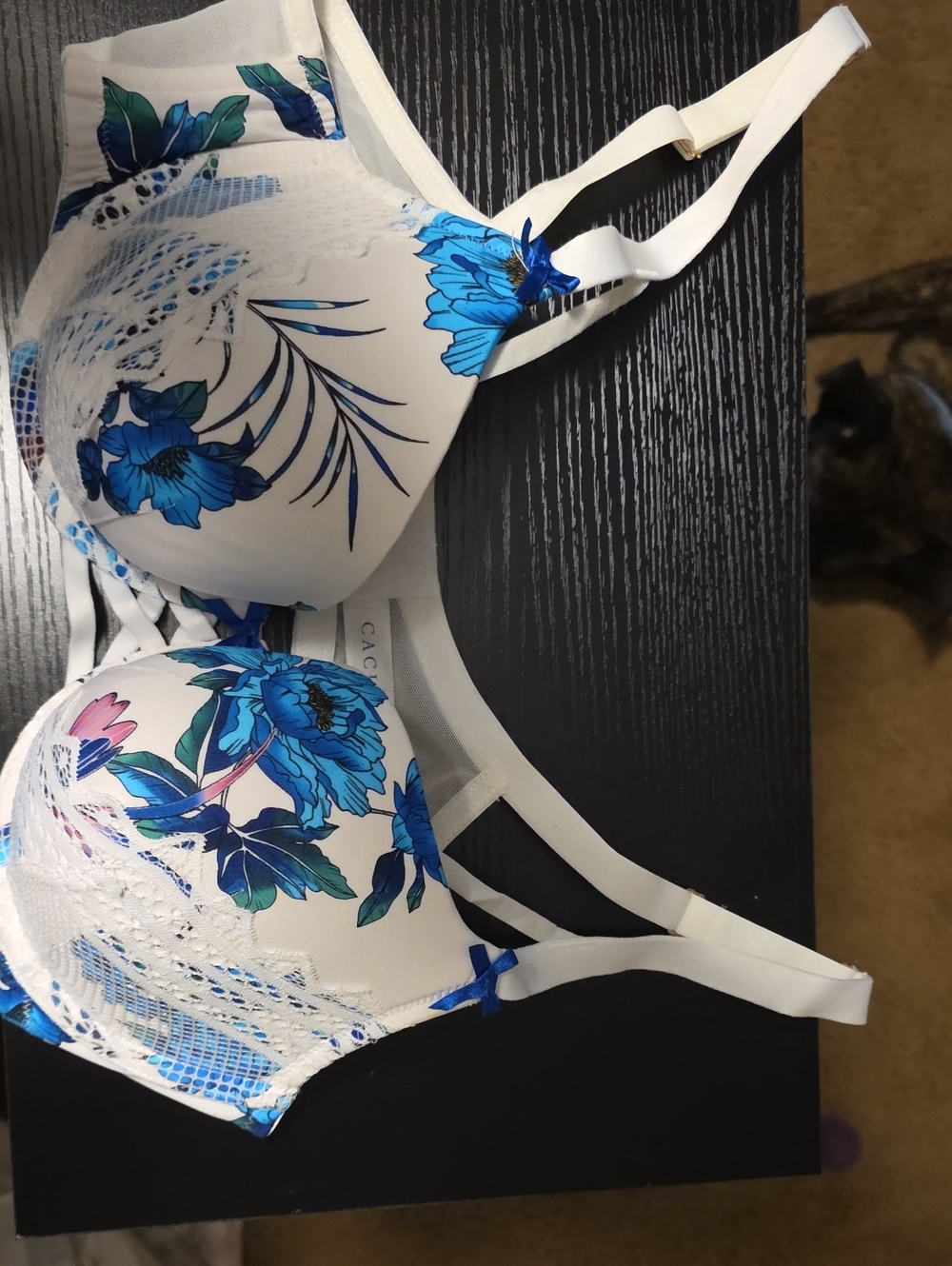 Cacique White Bra with Blue Floral Detail